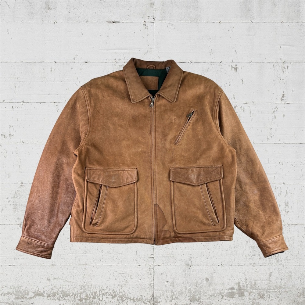 St. John's Bay Leather Bomber Jacket Mens XL Tan Brown Rugged Vintage Distressed